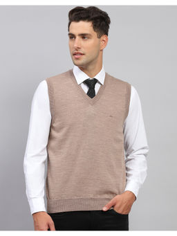Monte Carlo - Mens Beige Solid V Neck Sleeveless Sweater