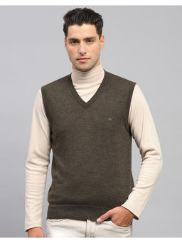 Monte Carlo - Mens Olive Solid V Neck Sleeveless Sweater