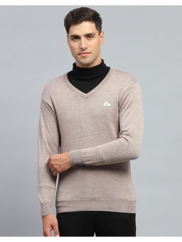 Monte Carlo - Mens Beige Solid V Neck Full Sleeve Pullover