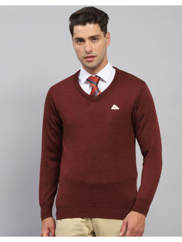 Monte Carlo - Mens Wine Solid V Neck Full Sleeve Pullover