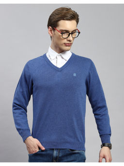 Monte Carlo - Mens Solid Blue V Neck Full Sleeve Pullover