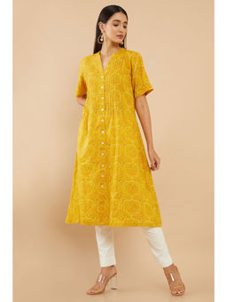 Soch - Mustard Cotton Slub Rotary Print A-line Fit Kurta