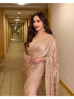 RI.Ritu Kumar - Beige Geo/Floral Saree With Unstitched Blouse