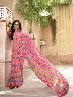 Odette - Pink Georgette Floral Printed Saree with Unstitched Blouse