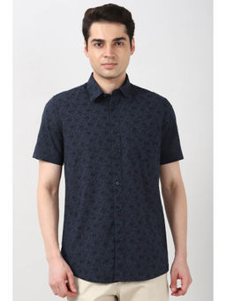 Peter England - Men Navy Slim Fit Print Half Sleeves Casual Shirt
