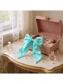 Ribbon Candy - Big Fancy Satin Bow Pearls Turquoise Clip (16 Years and above)
