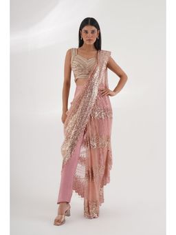 CHAASHNI BY MAANSI & KETAN - Embellished Pink Pre-Drape Saree with Stitched Blouse and Pant