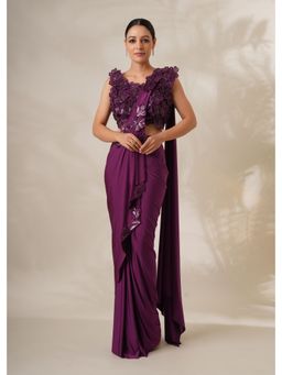 CHAASHNI BY MAANSI & KETAN - Purple Resham Embroidered Pre-Drape Saree with Stitched Blouse