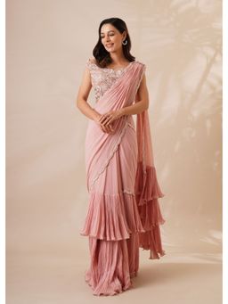 CHAASHNI BY MAANSI & KETAN - Peach Embellished Pre-Drape Saree with Stitched Blouse