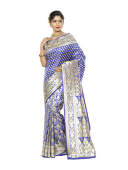 Banarasi Silk Works - Blue Mughal Motif Heavy Katan Saree with Unstitched Blouse