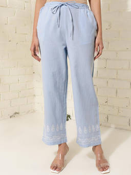 Fabindia - Light Blue Cotton Chikankari Casual Regular Pants