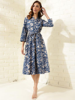 Fabindia - Blue Cotton Hand Block Printed Midi Dress (Set of 2)