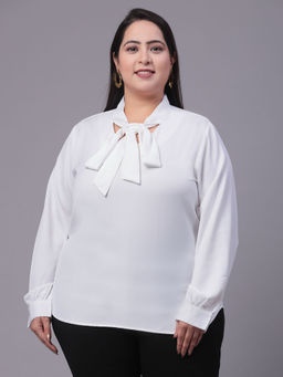 Style Quotient - Women White Tie-Up Neck Full Sleeves Smart Plus Size Top