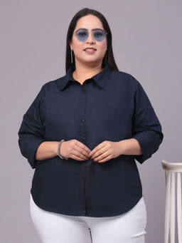 Style Quotient - Women Navy Blue Classic Smart Formal Plus Size Shirt