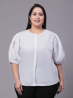 Style Quotient - Women White Smart Opaque Collarless Puff Sleeves Cotton Formal Plus Size Shirt