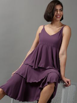 SHOWOFF - Womens Shoulder Straps Solid Violet Midi Dress