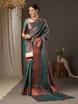 Akhilam - Womens Silk Blend Teal Blue Woven Design Designer Saree with Unstitched Blouse