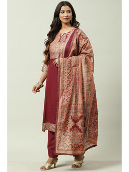 Biba - Wine Cotton Blend Unstitched Suit (Set of 3)