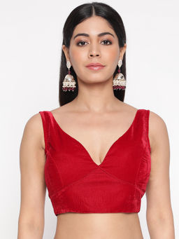 FLAHER - Maroon V-Neck Velvet Saree Stitched Blouse