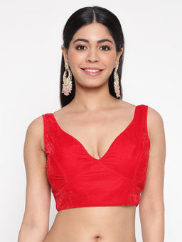 FLAHER - Red V-Neck Velvet Saree Stitched Blouse