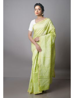 Unnati Silks - Light Green Pure Block Printed Chanderi Sico Saree with Unstitched Blouse