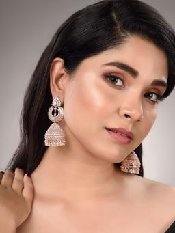 Saraf RS Jewellery - Rose Gold Plated White AD Studded Lightweight Jhumka Earrings