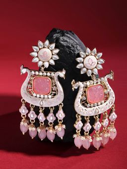 Zaveri Pearls - Pink White Meenakari Peacock Kundan Dangle & Drop Earrings-ZPFK15646