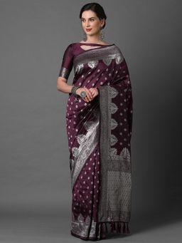 Akhilam - Wine Festive Silk Blend Woven Design Saree with Unstitched