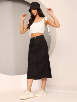 DOLCE CRUDO - Womens Black Straight High Rise Clean Look Stretchable Denim Midi Skirt