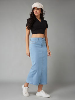 DOLCE CRUDO - Womens Light Blue Straight High Rise Midi Stretchable Denim Skirt