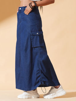 DOLCE CRUDO - Womens Navy Blue Baggy High Rise Stretchable Denim Maxi Skirt