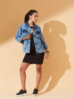 DOLCE CRUDO - Women's Light Blue Polo Neck Solid Full Sleeve Bomber Regular Jacket