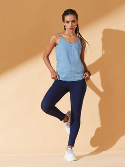 DOLCE CRUDO - Womens Light Blue Cotton Solid Denim Spaghetti Top