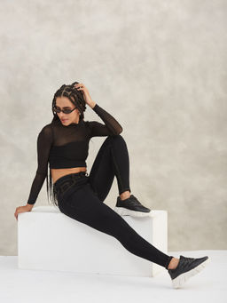 DOLCE CRUDO - Womens Black Skinny High Rise Clean Look Regular Stretchable Denim Jeans