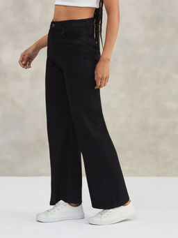 DOLCE CRUDO - Womens Black Wide Leg High Rise Regular Stretchable Denim Jeans