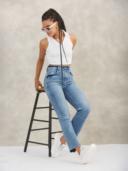 DOLCE CRUDO - Womens Light Blue High Rise Stretchable Denim Jeans