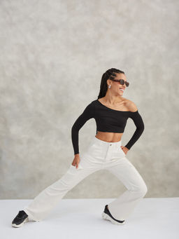 DOLCE CRUDO - Womens White Wide Leg High Rise Stretchable Denim Jeans