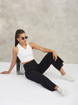 DOLCE CRUDO - Womens Black High Rise Regular Stretchable Wide Leg Denim Jeans