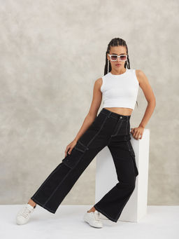 DOLCE CRUDO - Womens Black Wide Leg High Rise Stretchable Patch Denim Jeans