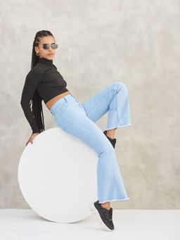 DOLCE CRUDO - Womens Light Blue Boot Cut High Rise Cropped Stretchable Denim Jeans