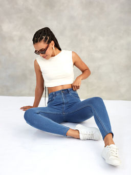 DOLCE CRUDO - Womens Blue Skinny High Rise Distressed Cropped Denim Jeans