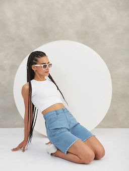 DOLCE CRUDO - Womens Light Blue High Rise Above Knee Stretchable Denim Shorts
