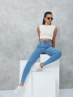 DOLCE CRUDO - Womens Blue Skinny Fit High Rise Regular Length Stretchable Denim Jeans