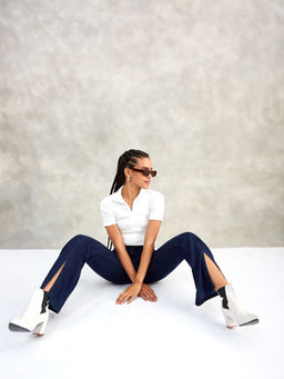 DOLCE CRUDO - Womens Navy Blue Bootcut High Rise Stretchable Denim Jeans