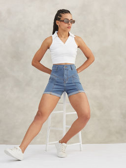 DOLCE CRUDO - Womens Blue Relaxed Fit High Rise Stretchable Blue Denim Shorts