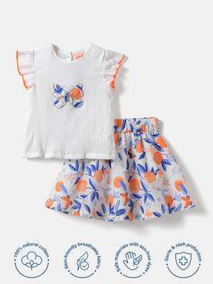 Nautinati Peach Top With Colourful Frilled Skirt For Girls