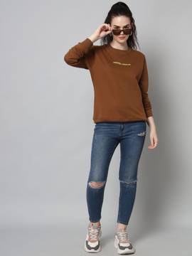 Griffel Hoodies and Sweatshirts : Buy Griffel Women Brown Basic Solid  Cotton Fleece Regular Fit Round Neck Sweatshirt Online | Nykaa Fashion
