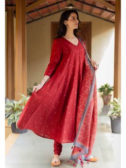 The Indian Ethnic Co. - Advika Madder Ajrakh Chanderi Silk Kali Kurta With Hand Embroidery