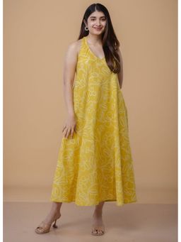 The Indian Ethnic Co. - Tashi Yellow Dabu Slub Cotton A Line Dress