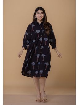 The Indian Ethnic Co. - Ridah Black Ajrakh Cotton A Line Dress